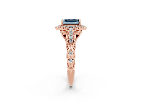 Rose gold Emerald Cut Aquamarine Solitaire Ring with Hidden Halo and Pavé Band_14