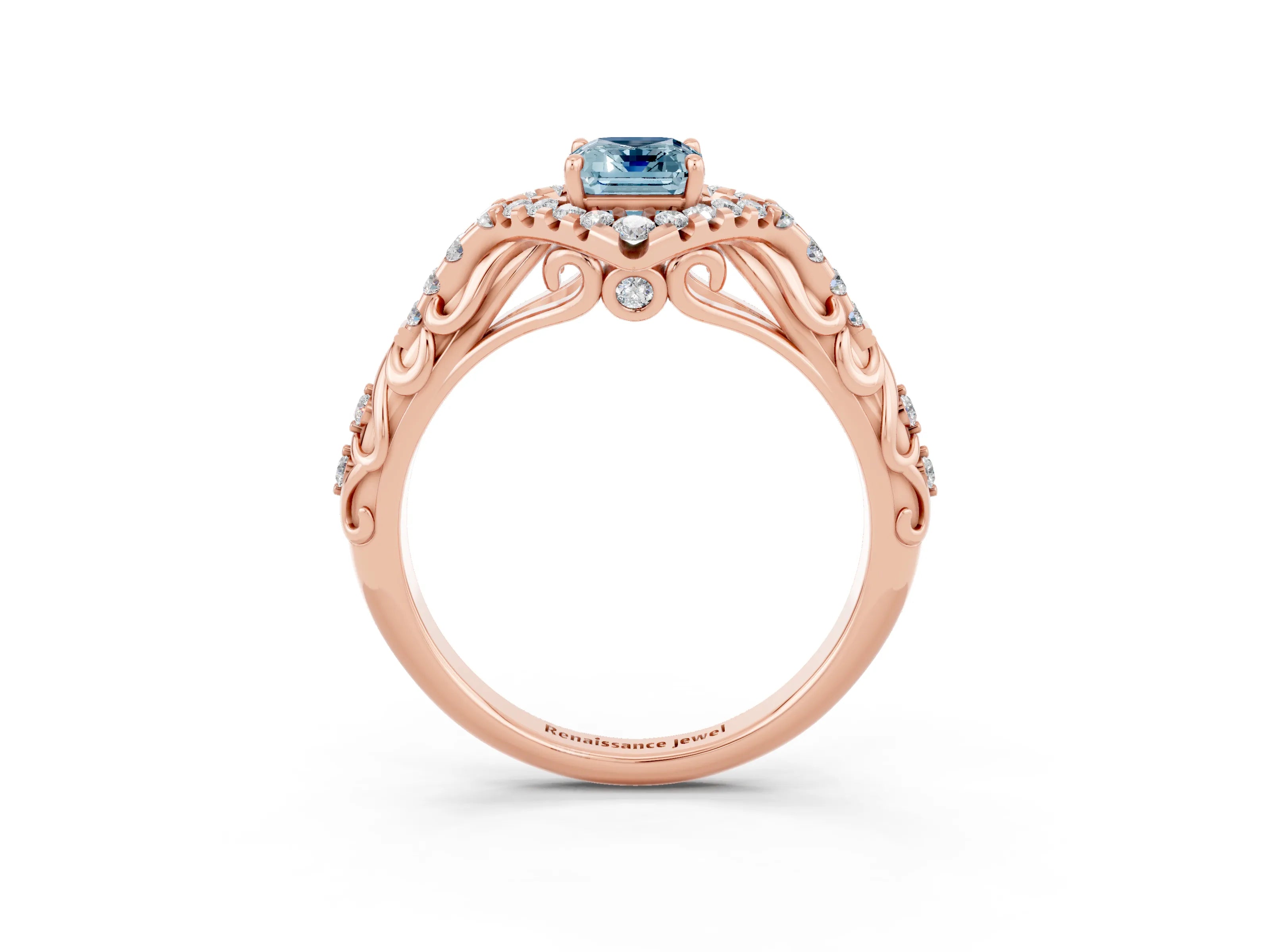Rose gold Emerald Cut Aquamarine Solitaire Ring with Hidden Halo and Pavé Band_15