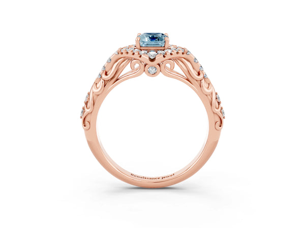 Rose gold Emerald Cut Aquamarine Solitaire Ring with Hidden Halo and Pavé Band