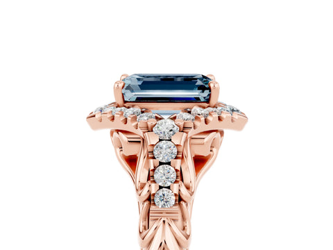 Rose gold Emerald Cut Aquamarine Solitaire Ring with Hidden Halo and Pavé Band_17
