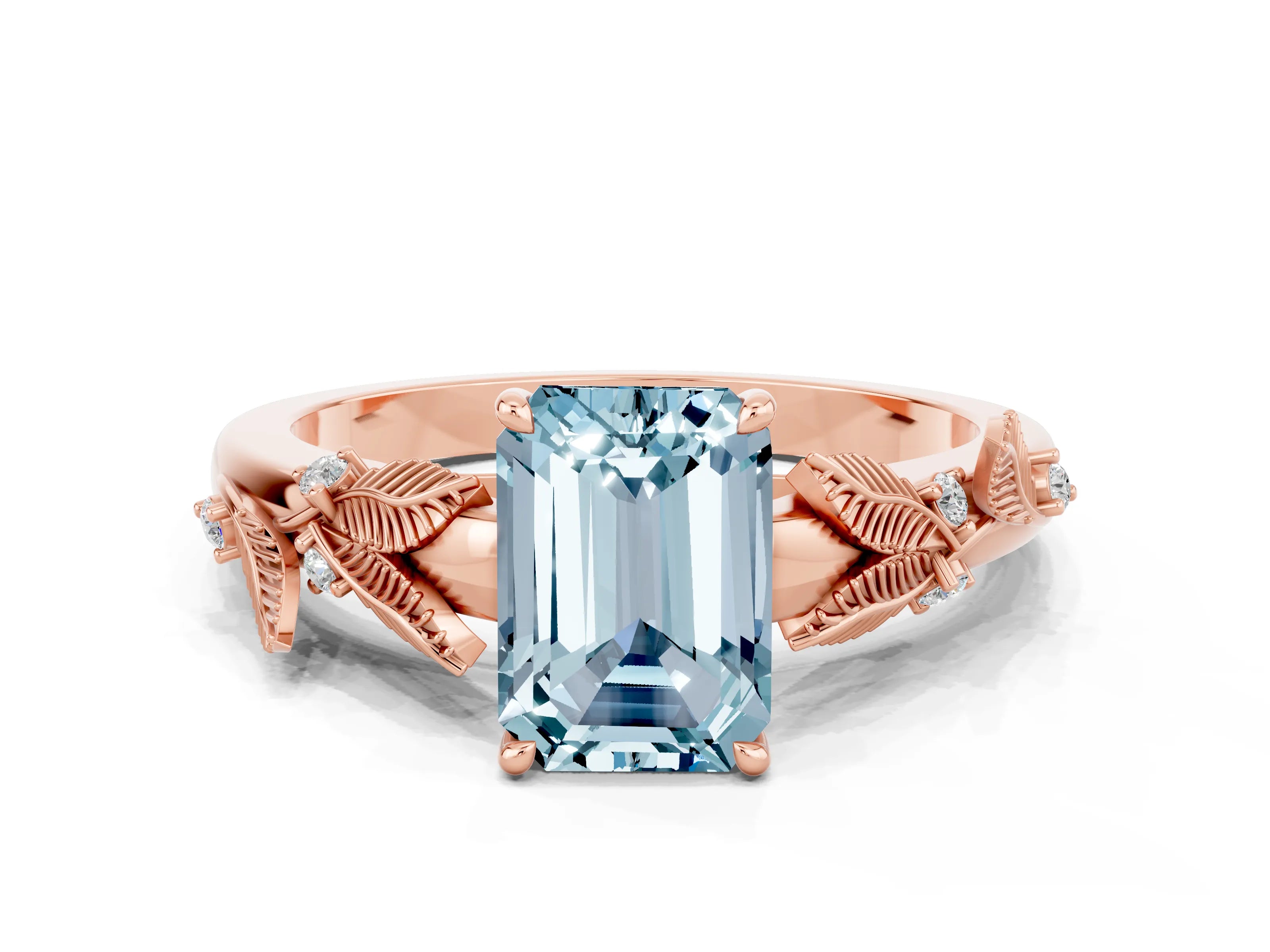 Rose gold Emerald Cut Aquamarine Solitaire Ring with Leaf Motif Band and Four-Prong Setting