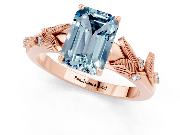 Rose gold Emerald Cut Aquamarine Solitaire Ring with Leaf Motif Band and Four-Prong Setting