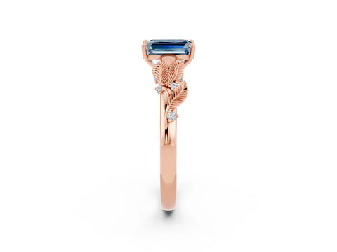 Rose gold Emerald Cut Aquamarine Solitaire Ring with Leaf Motif Band and Four-Prong Setting_2