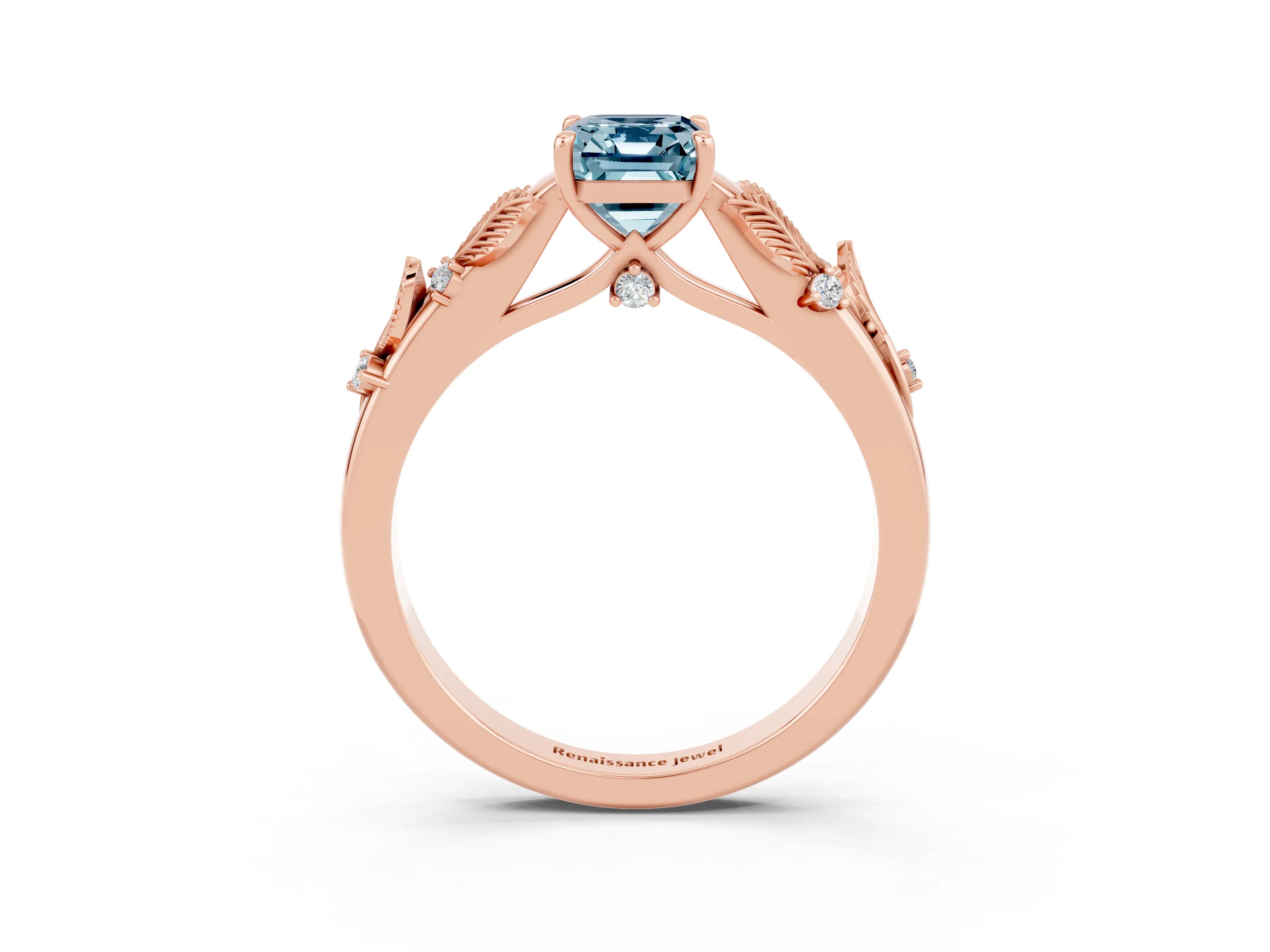 Rose gold Emerald Cut Aquamarine Solitaire Ring with Leaf Motif Band and Four-Prong Setting_3