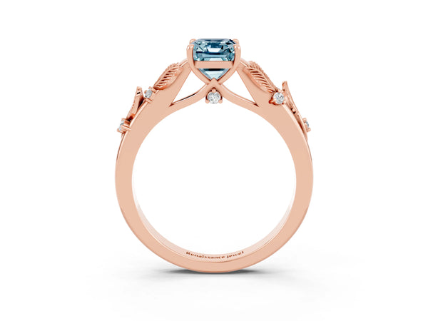 Rose gold Emerald Cut Aquamarine Solitaire Ring with Leaf Motif Band and Four-Prong Setting