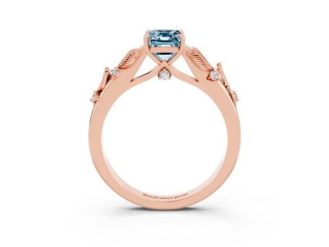 Rose gold Emerald Cut Aquamarine Solitaire Ring with Leaf Motif Band and Four-Prong Setting_3