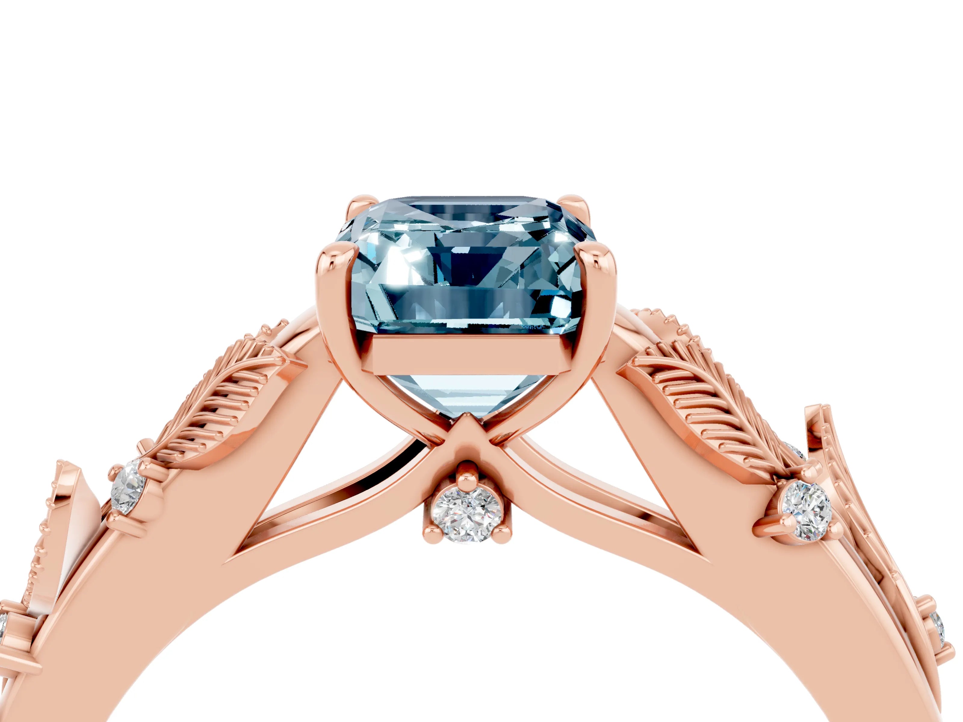 Rose gold Emerald Cut Aquamarine Solitaire Ring with Leaf Motif Band and Four-Prong Setting_4