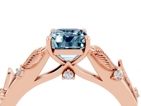 Rose gold Emerald Cut Aquamarine Solitaire Ring with Leaf Motif Band and Four-Prong Setting_4