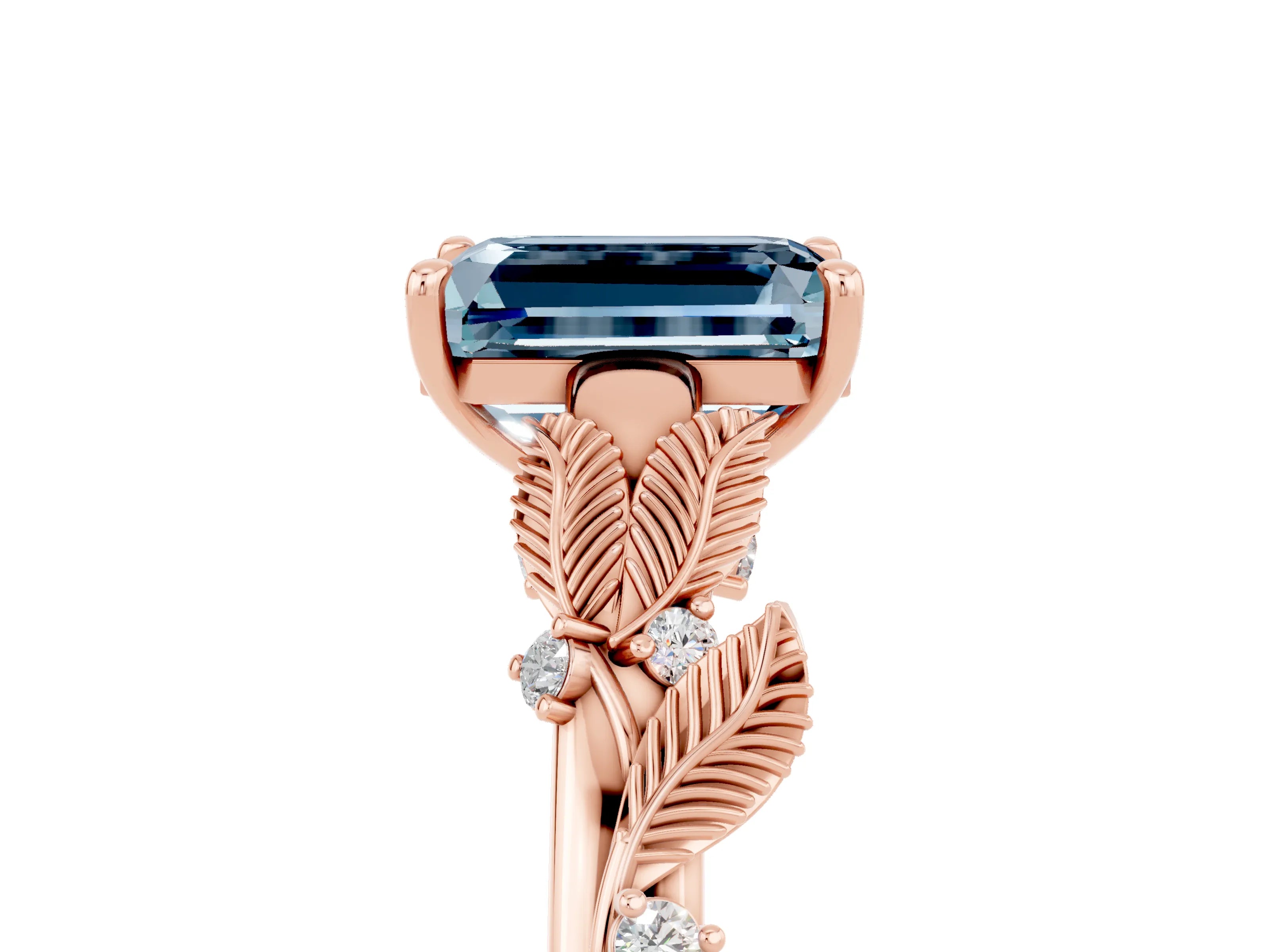 Rose gold Emerald Cut Aquamarine Solitaire Ring with Leaf Motif Band and Four-Prong Setting_5