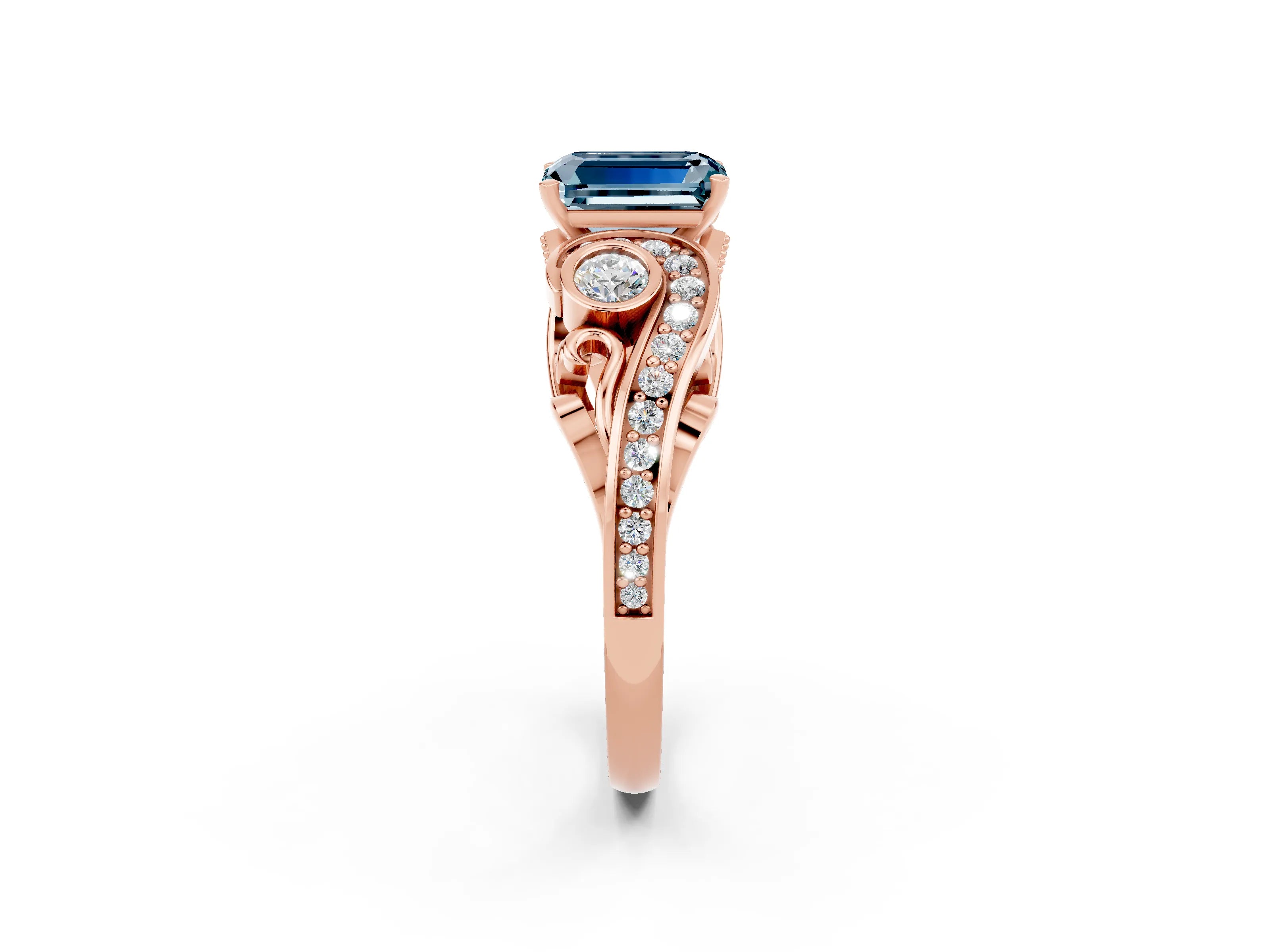 Rose gold Emerald Cut Aquamarine Solitaire Ring with Milgrain Pavé Band and Four-Prong Setting_26