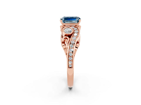 Rose gold Emerald Cut Aquamarine Solitaire Ring with Milgrain Pavé Band and Four-Prong Setting_26