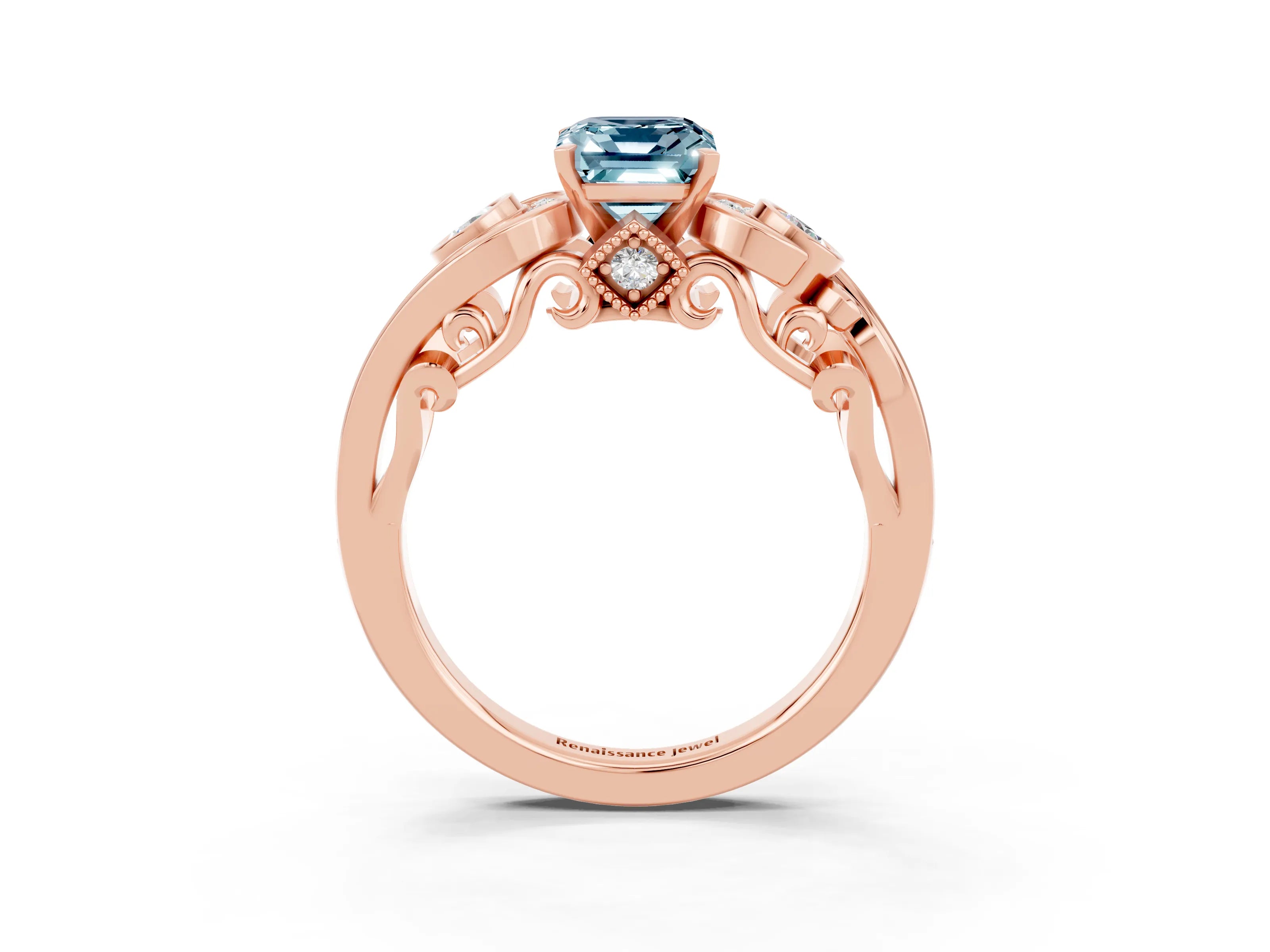 Rose gold Emerald Cut Aquamarine Solitaire Ring with Milgrain Pavé Band and Four-Prong Setting_27