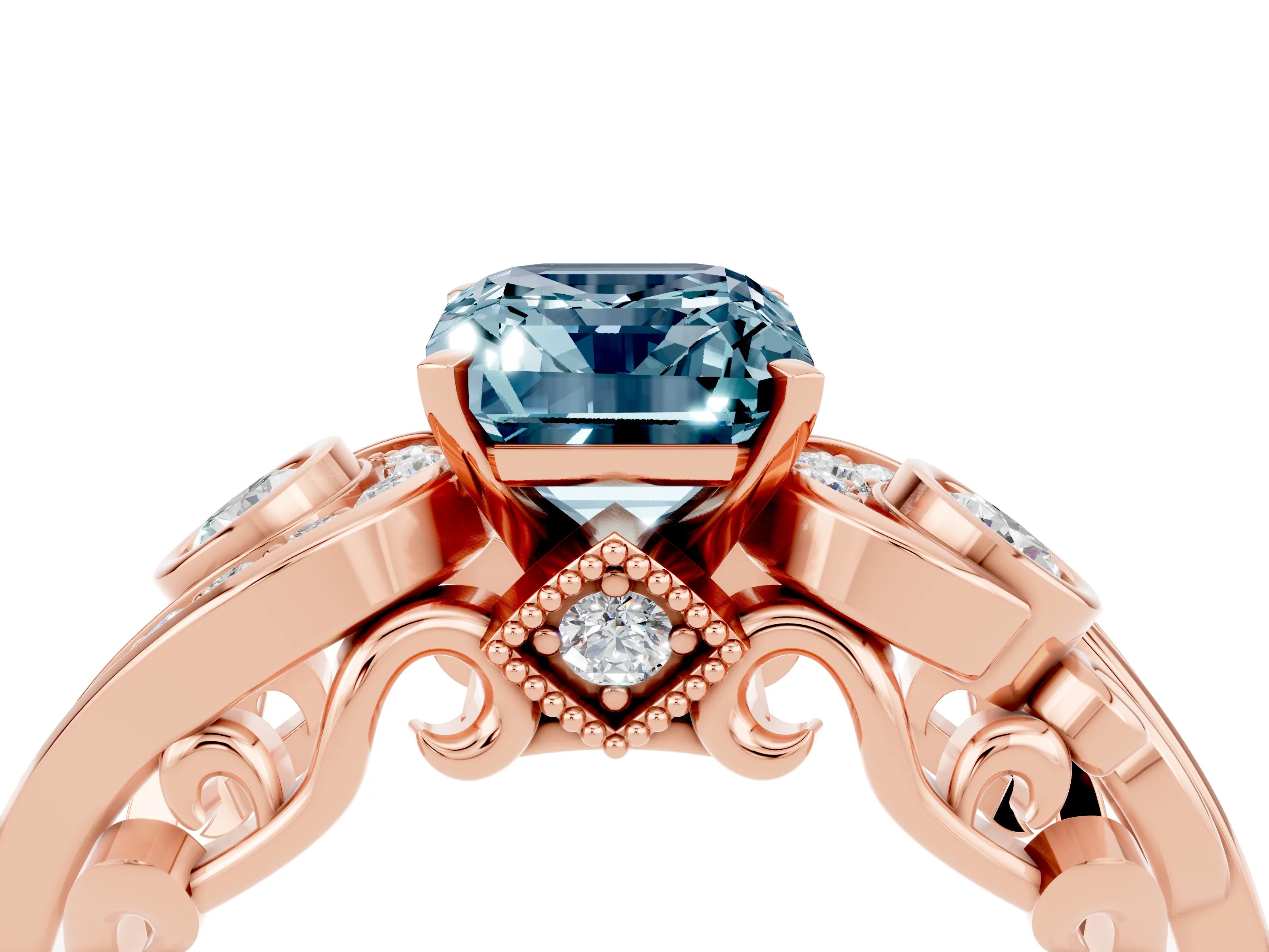 Rose gold Emerald Cut Aquamarine Solitaire Ring with Milgrain Pavé Band and Four-Prong Setting_28