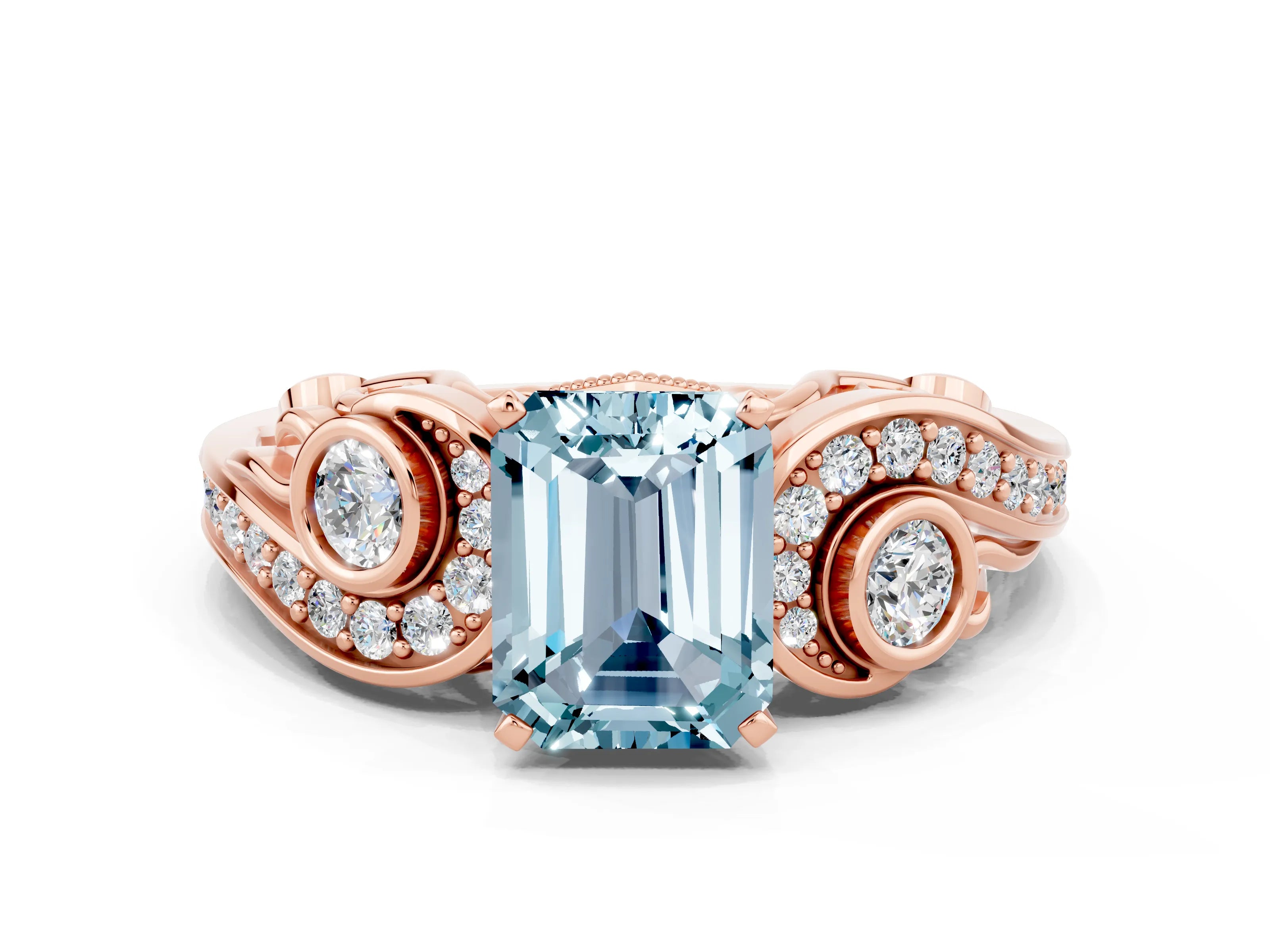 Rose gold Emerald Cut Aquamarine Solitaire Ring with Milgrain Pavé Band and Four-Prong Setting_32
