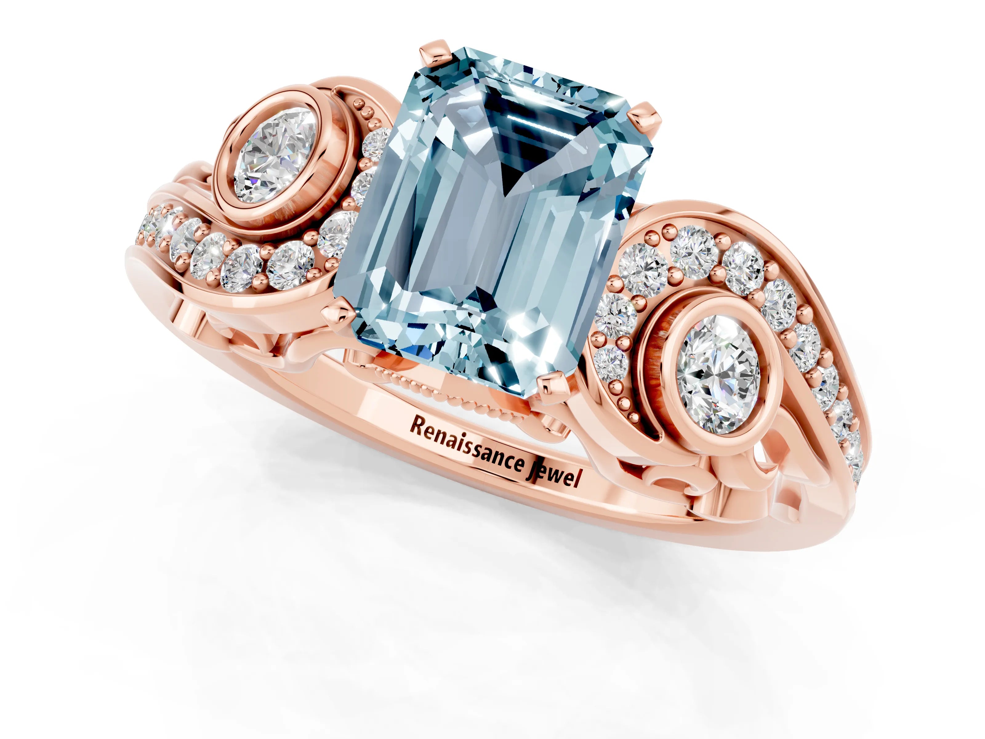 Rose gold Emerald Cut Aquamarine Solitaire Ring with Milgrain Pavé Band and Four-Prong Setting_33