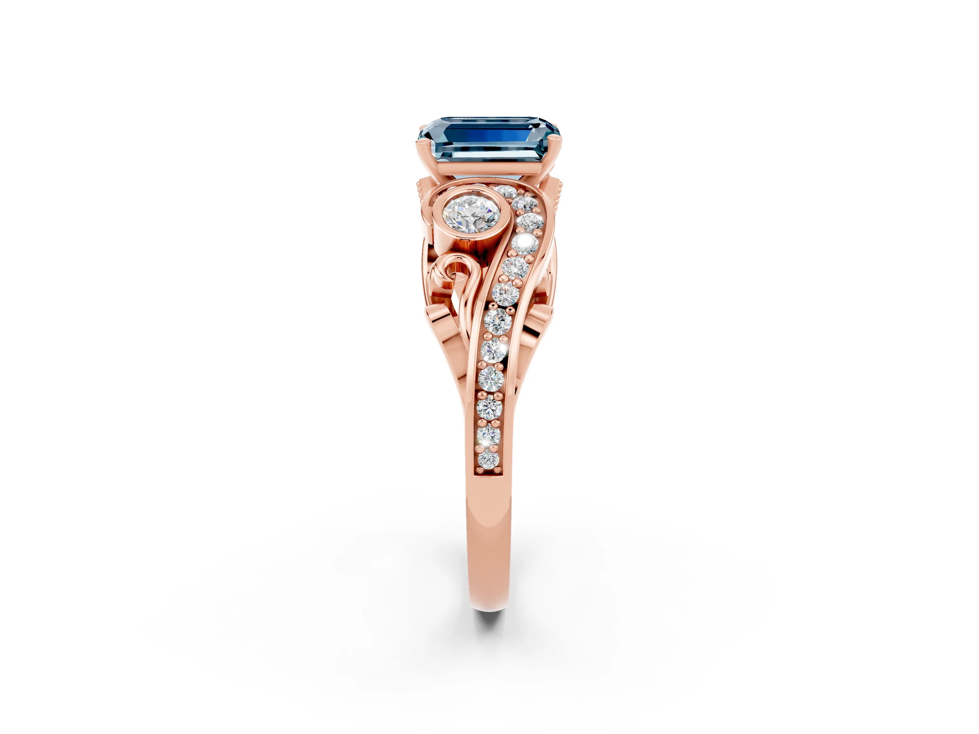 Rose gold Emerald Cut Aquamarine Solitaire Ring with Milgrain Pavé Band and Four-Prong Setting_34
