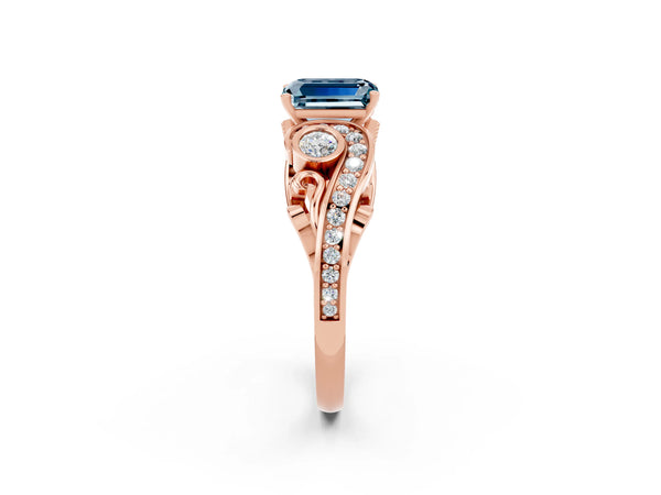 Rose gold Emerald Cut Aquamarine Solitaire Ring with Milgrain Pavé Band and Four-Prong Setting