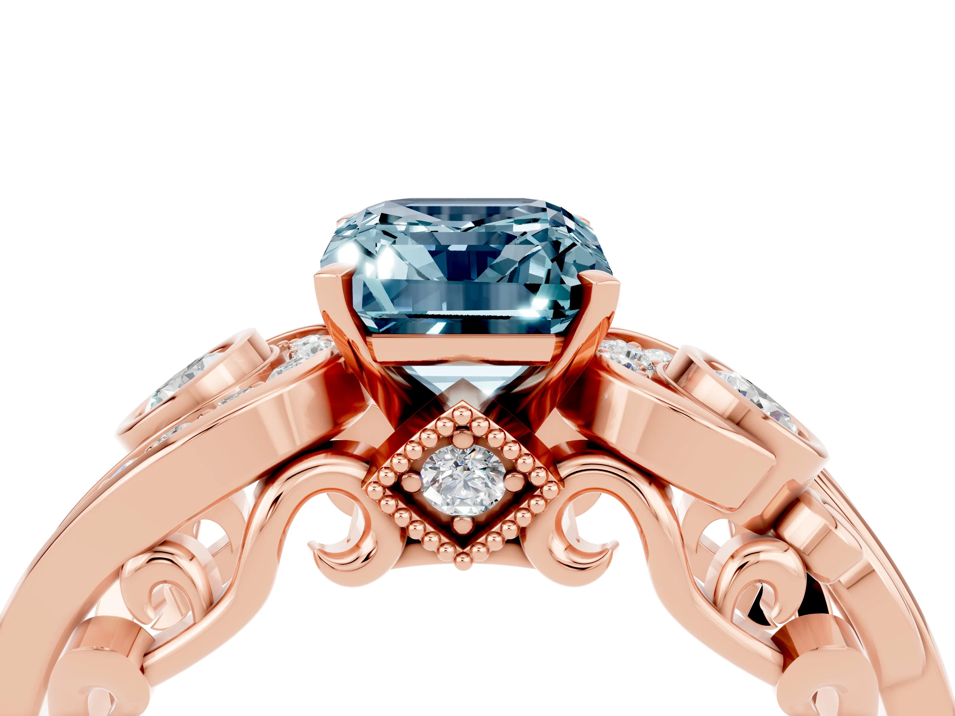 Rose gold Emerald Cut Aquamarine Solitaire Ring with Milgrain Pavé Band and Four-Prong Setting_36