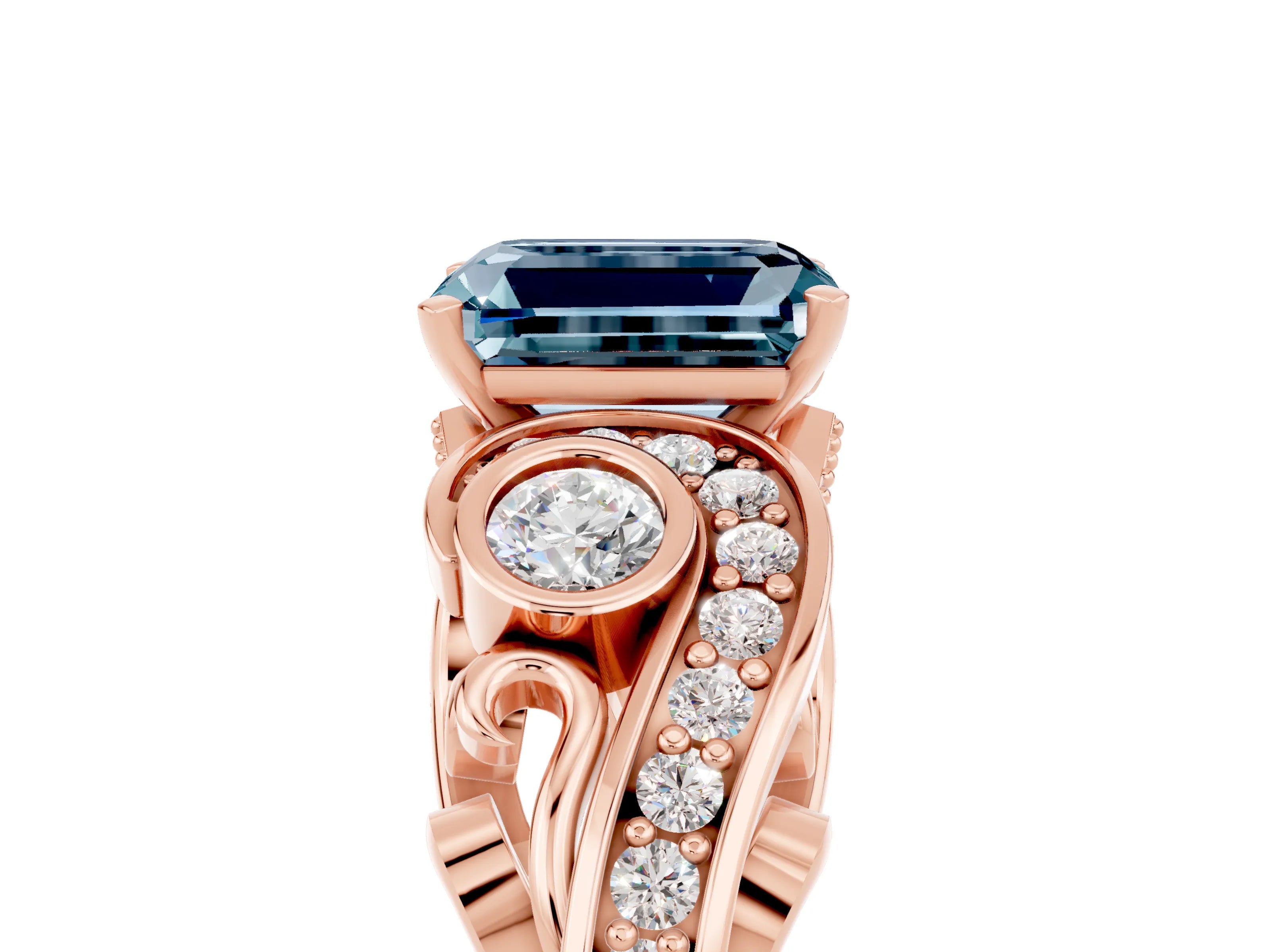 Rose gold Emerald Cut Aquamarine Solitaire Ring with Milgrain Pavé Band and Four-Prong Setting_37