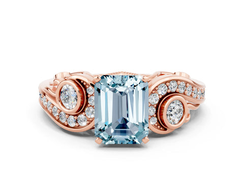 Rose gold Emerald Cut Aquamarine Solitaire Ring with Milgrain Pavé Band and Four-Prong Setting_44