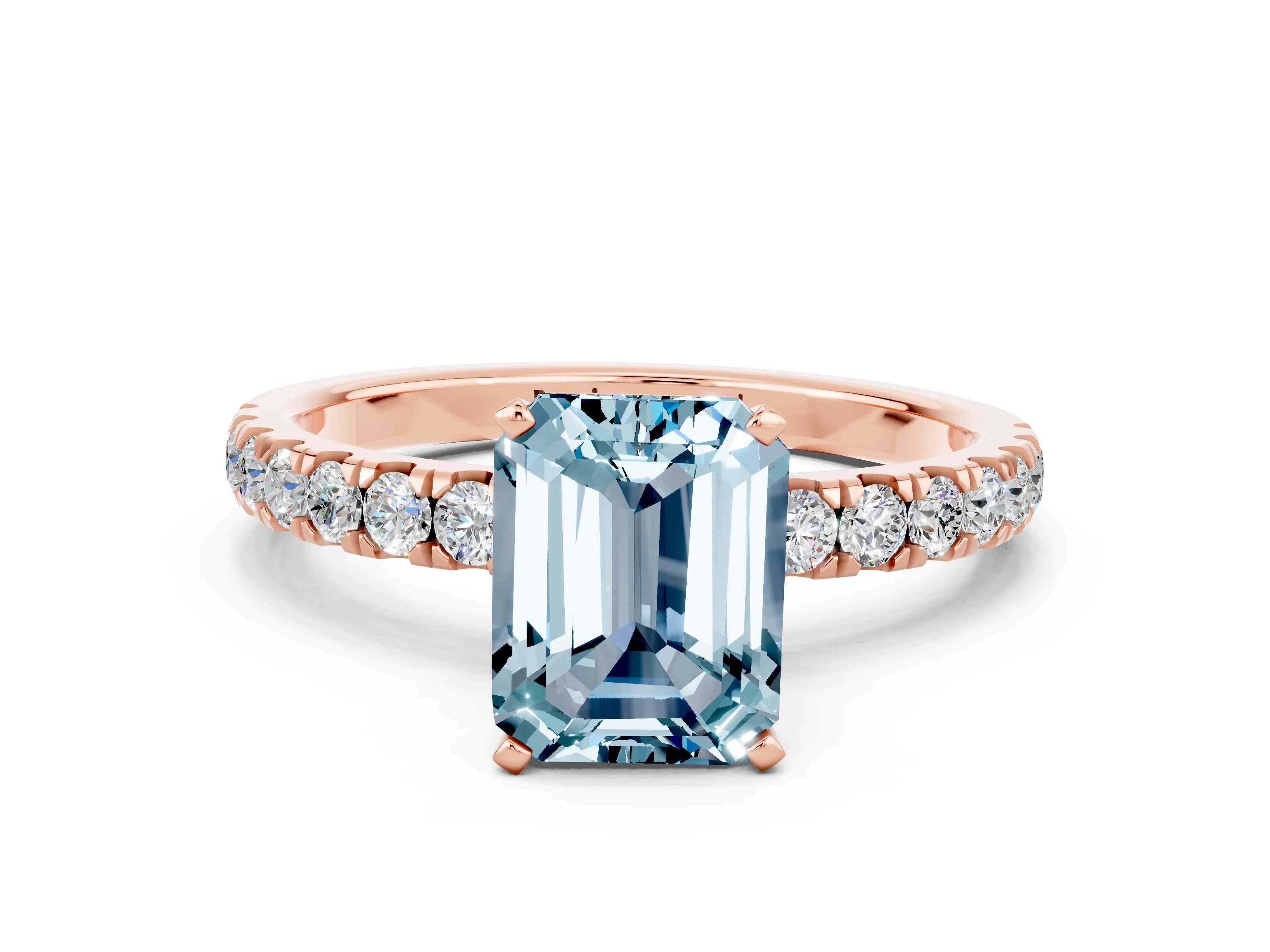 Rose gold Emerald Cut Aquamarine Solitaire Ring with Pavé Accents and Four-Prong Setting