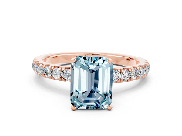 Rose gold Emerald Cut Aquamarine Solitaire Ring with Pavé Accents and Four-Prong Setting