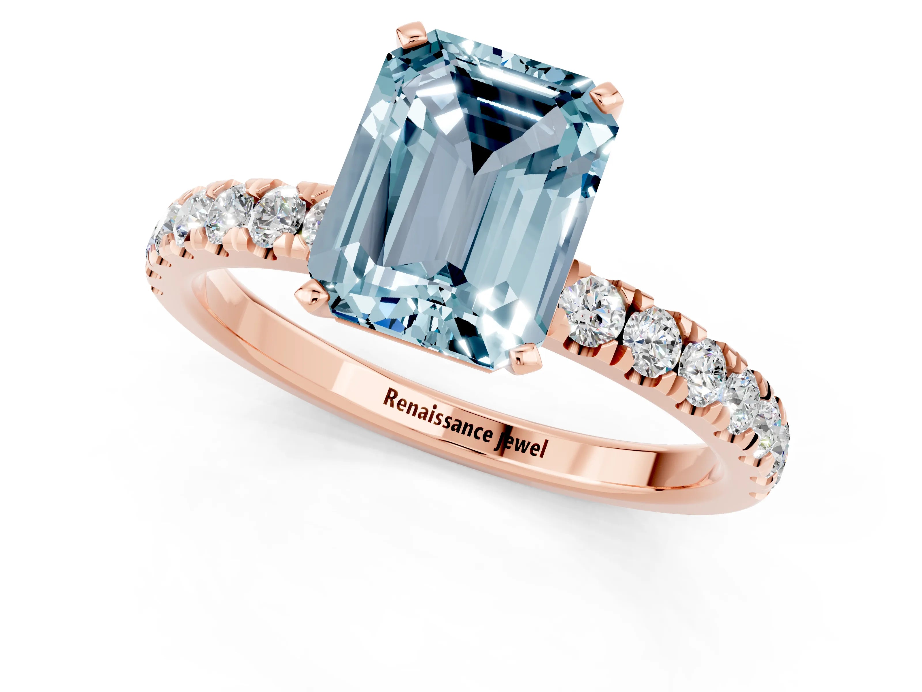 Rose gold Emerald Cut Aquamarine Solitaire Ring with Pavé Accents and Four-Prong Setting_1