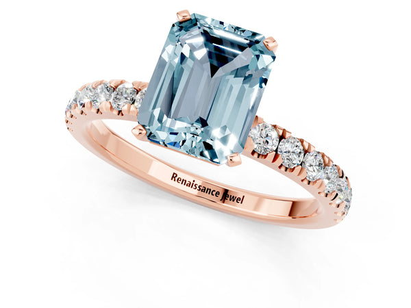 Rose gold Emerald Cut Aquamarine Solitaire Ring with Pavé Accents and Four-Prong Setting