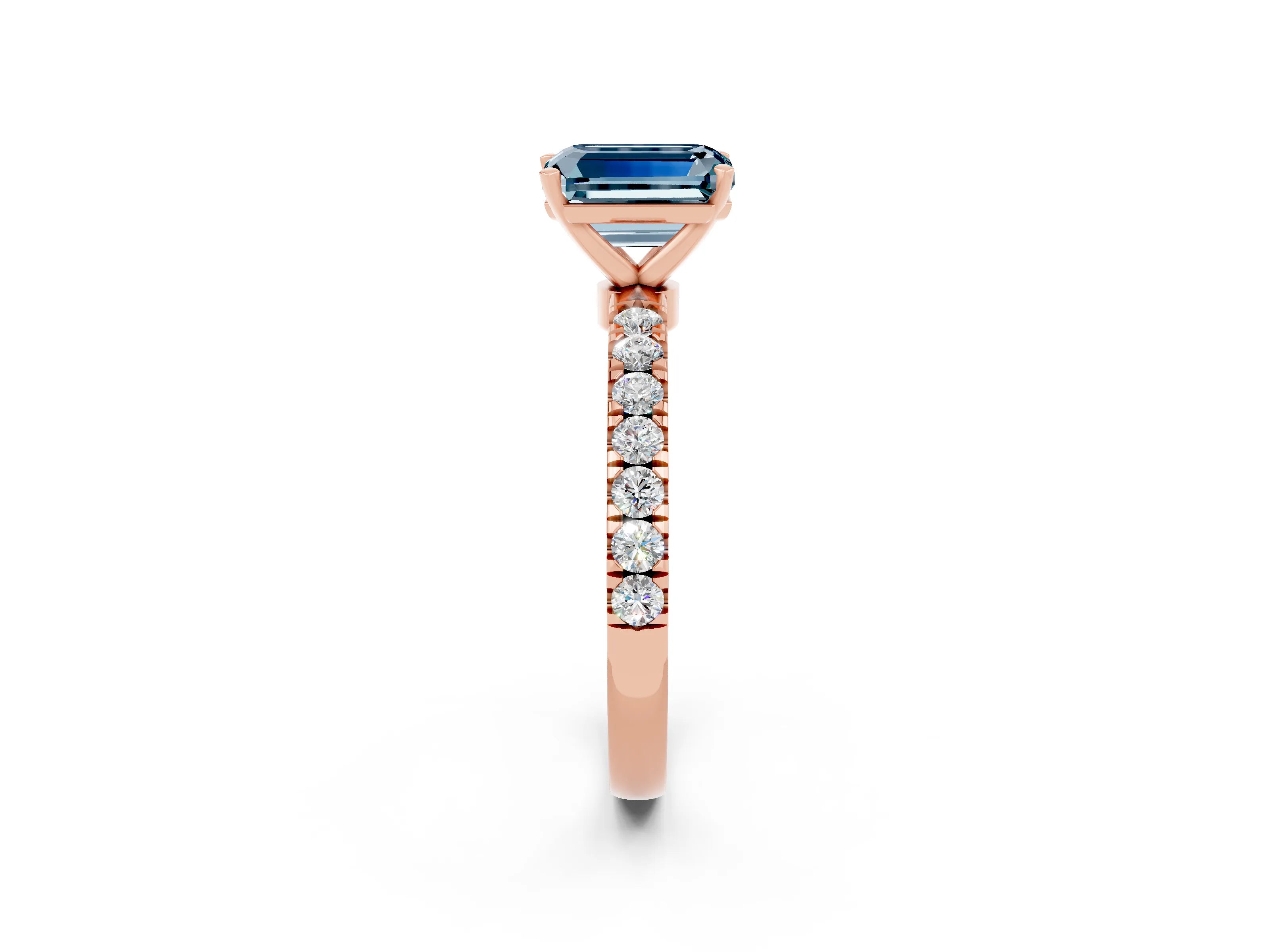 Rose gold Emerald Cut Aquamarine Solitaire Ring with Pavé Accents and Four-Prong Setting_2