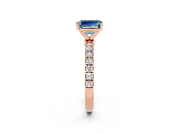 Rose gold Emerald Cut Aquamarine Solitaire Ring with Pavé Accents and Four-Prong Setting