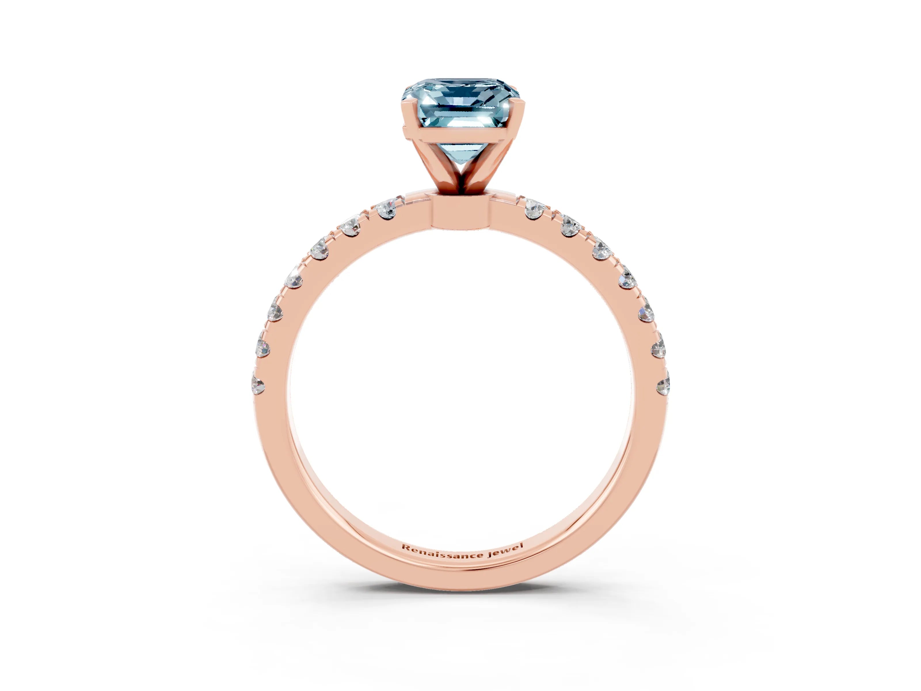 Rose gold Emerald Cut Aquamarine Solitaire Ring with Pavé Accents and Four-Prong Setting_3