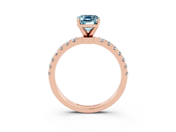 Rose gold Emerald Cut Aquamarine Solitaire Ring with Pavé Accents and Four-Prong Setting