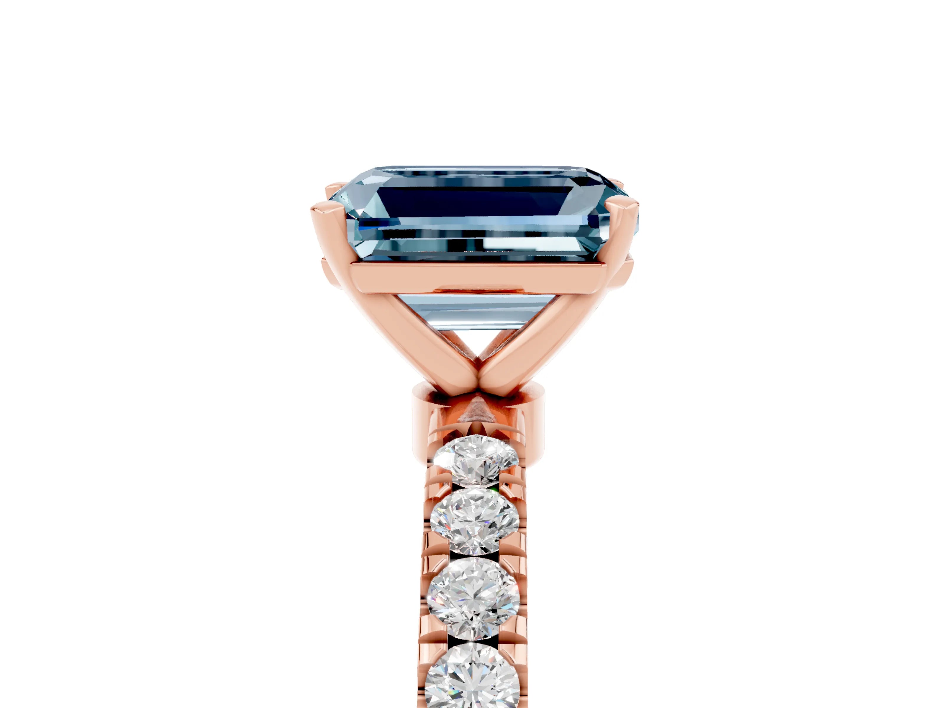 Rose gold Emerald Cut Aquamarine Solitaire Ring with Pavé Accents and Four-Prong Setting_5