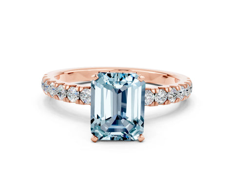 Rose gold Emerald Cut Aquamarine Solitaire Ring with Pavé Accents and Four-Prong Setting