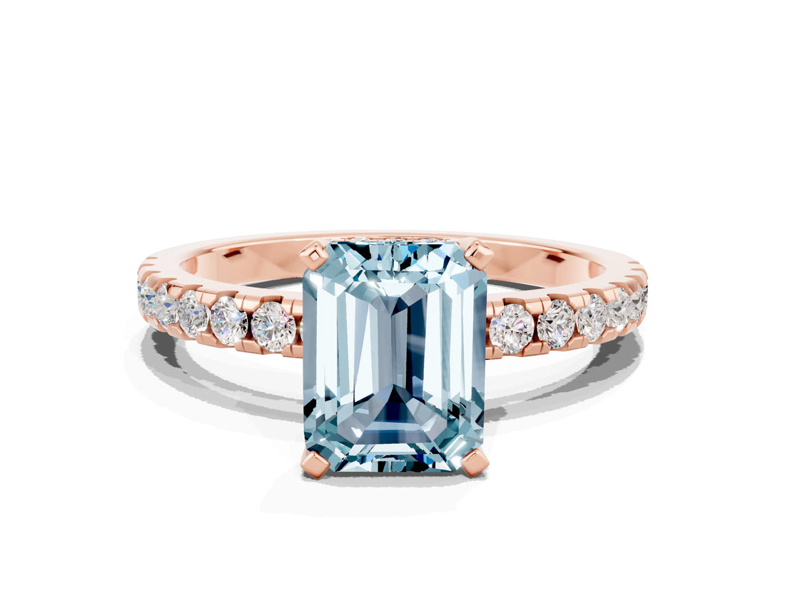 Rose gold Emerald Cut Aquamarine Solitaire Ring with Pavé Band and Four-Prong Setting_24