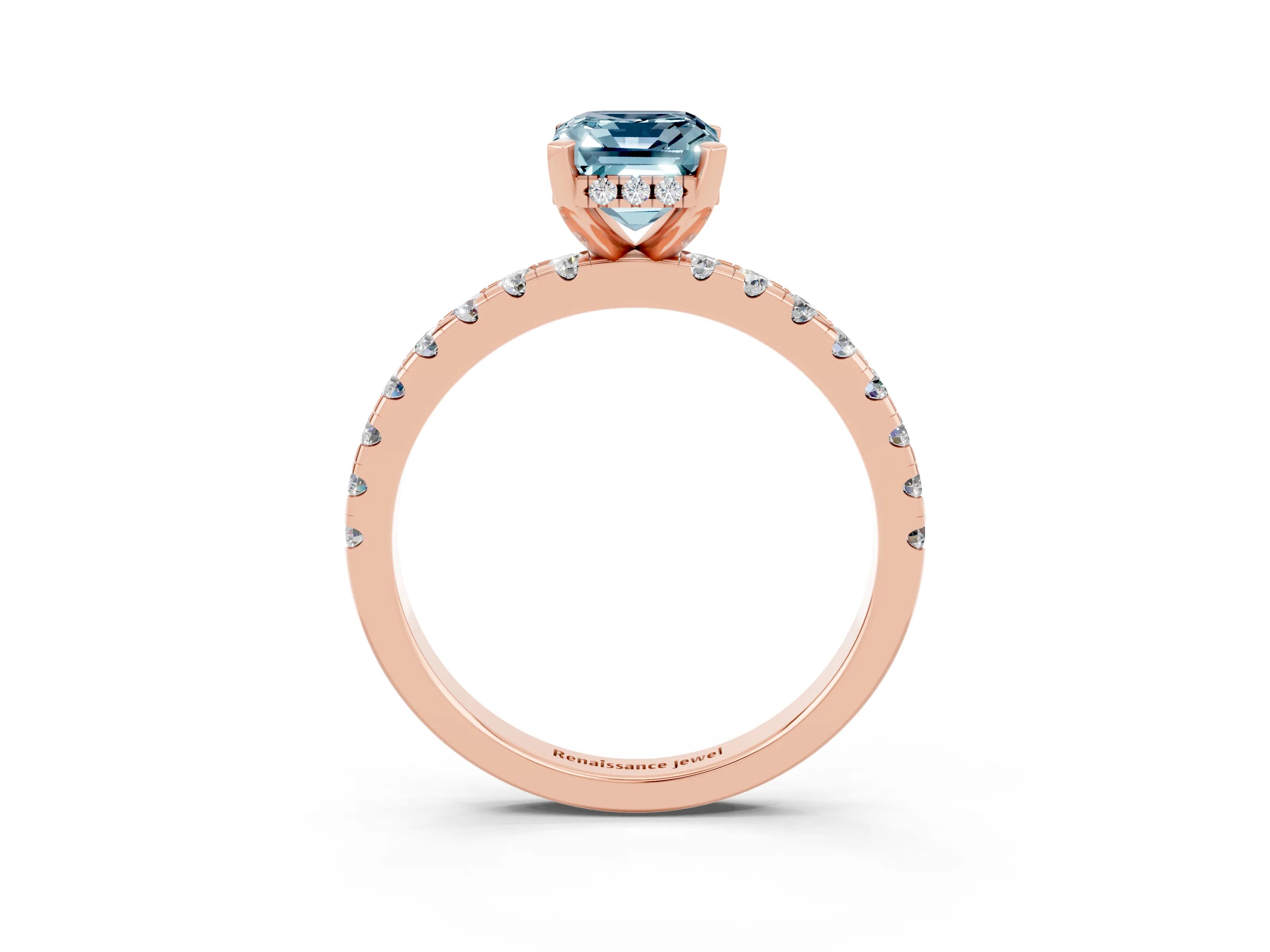 Rose gold Emerald Cut Aquamarine Solitaire Ring with Pavé Band and Four-Prong Setting_27