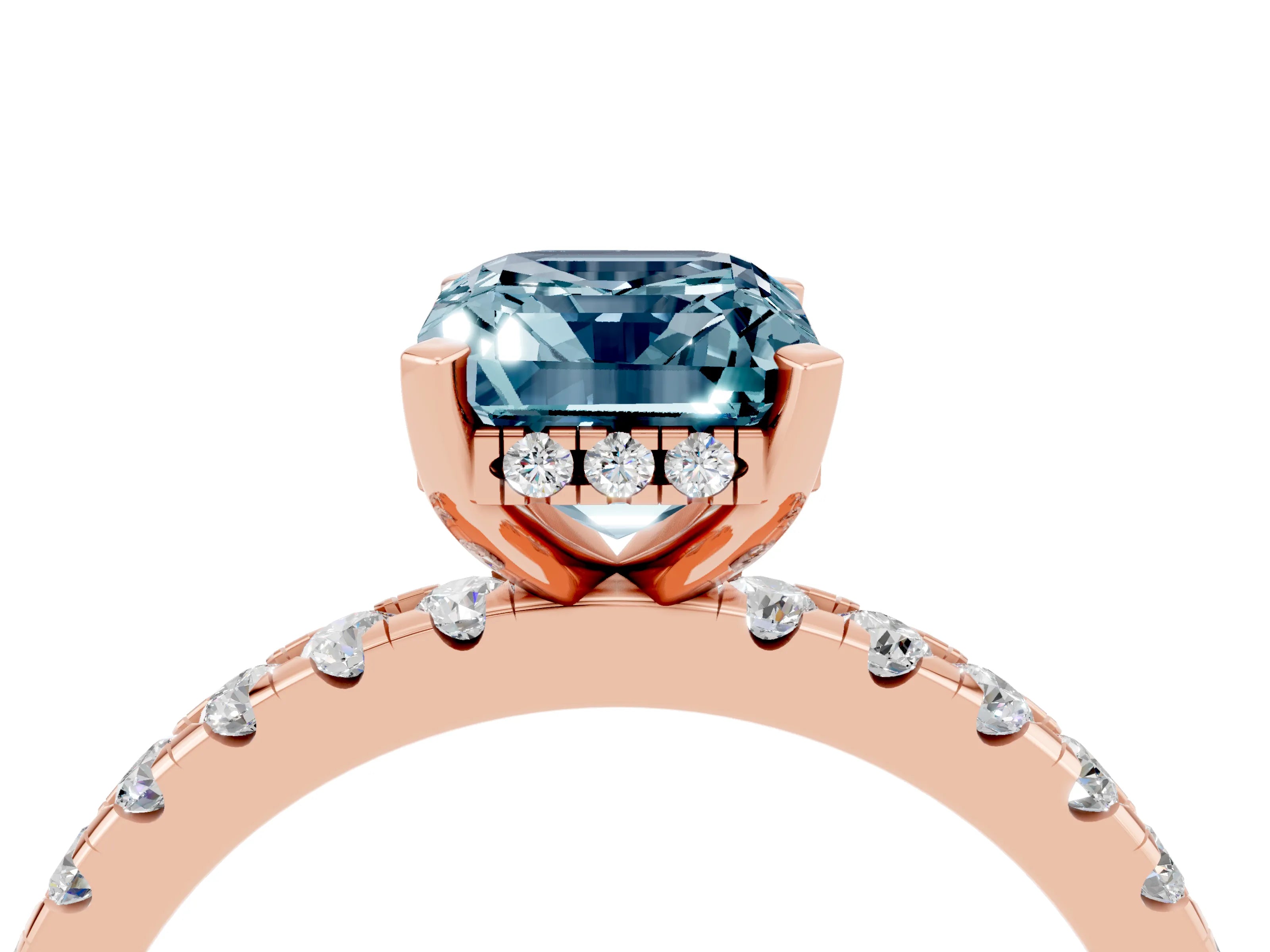 Rose gold Emerald Cut Aquamarine Solitaire Ring with Pavé Band and Four-Prong Setting_28