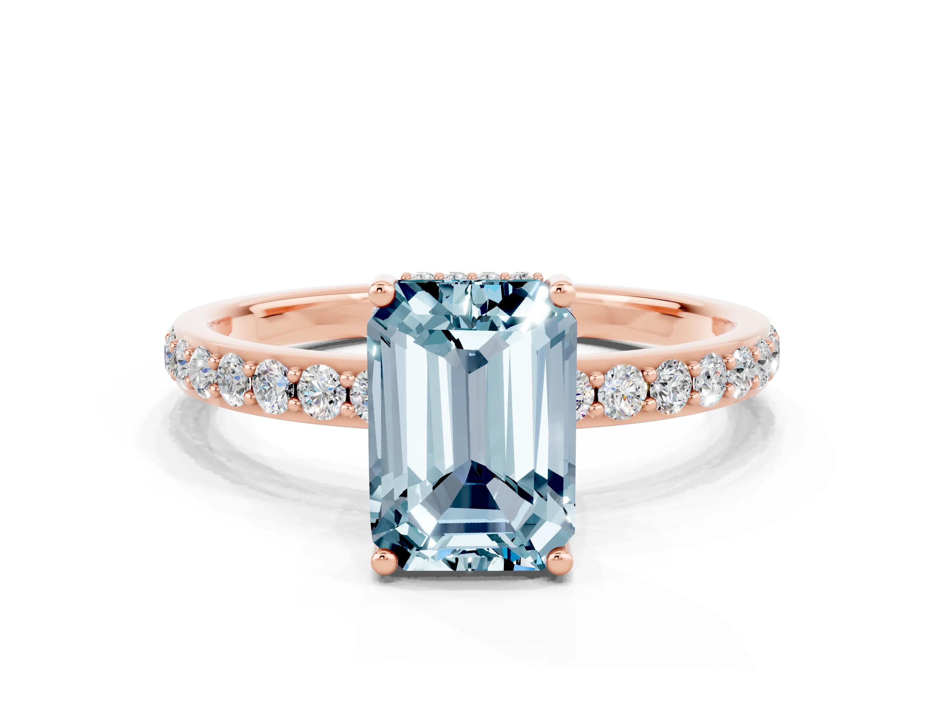 Rose gold Emerald Cut Aquamarine Solitaire Ring with Pavé Band and Hidden Halo_12