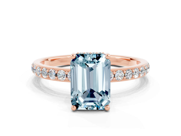 Rose gold Emerald Cut Aquamarine Solitaire Ring with Pavé Band and Hidden Halo