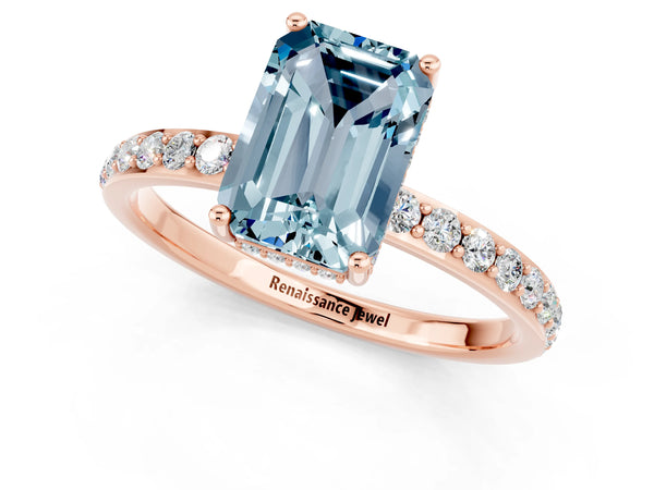 Rose gold Emerald Cut Aquamarine Solitaire Ring with Pavé Band and Hidden Halo