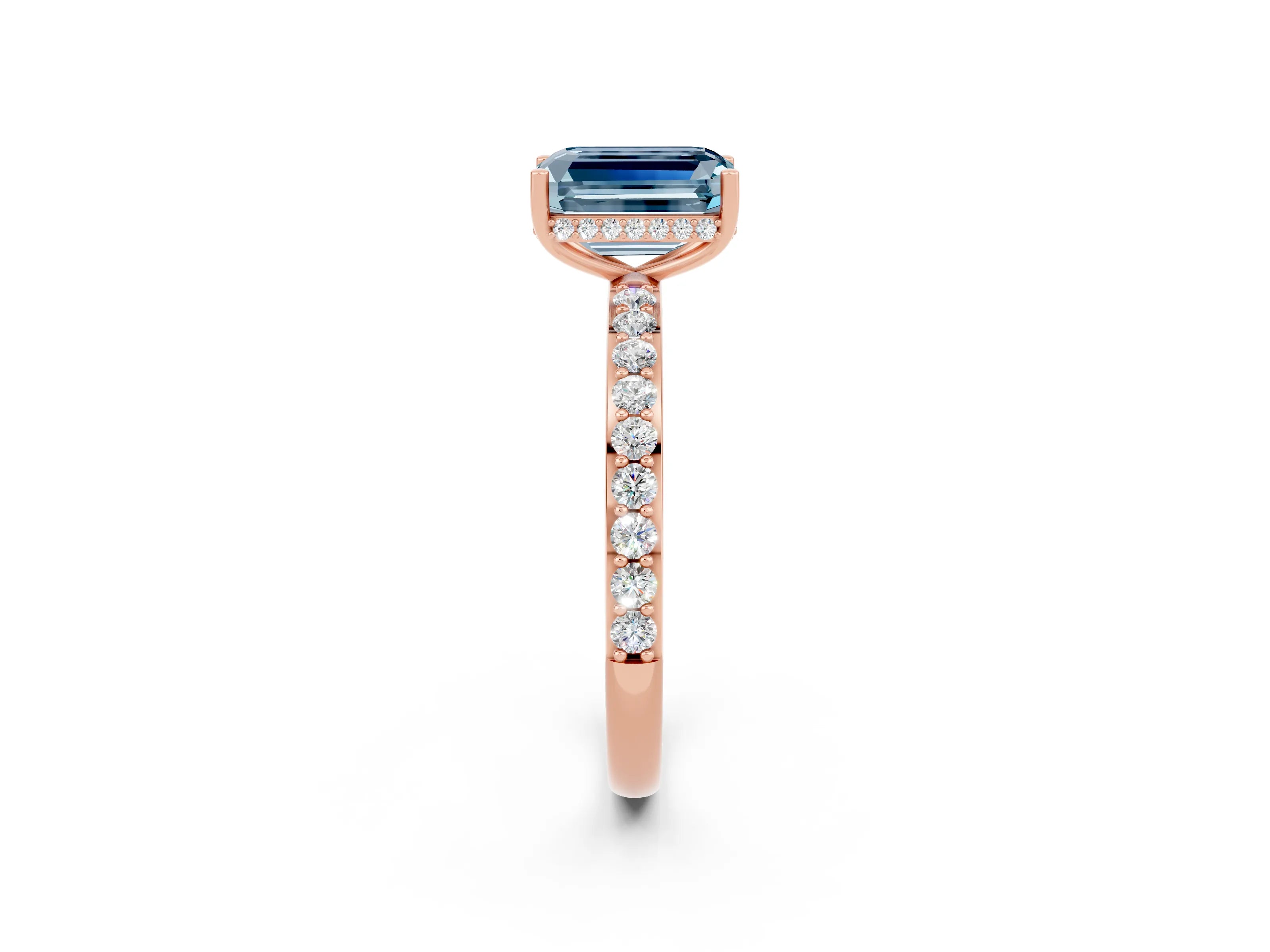 Rose gold Emerald Cut Aquamarine Solitaire Ring with Pavé Band and Hidden Halo_14