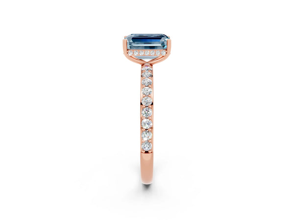 Rose gold Emerald Cut Aquamarine Solitaire Ring with Pavé Band and Hidden Halo
