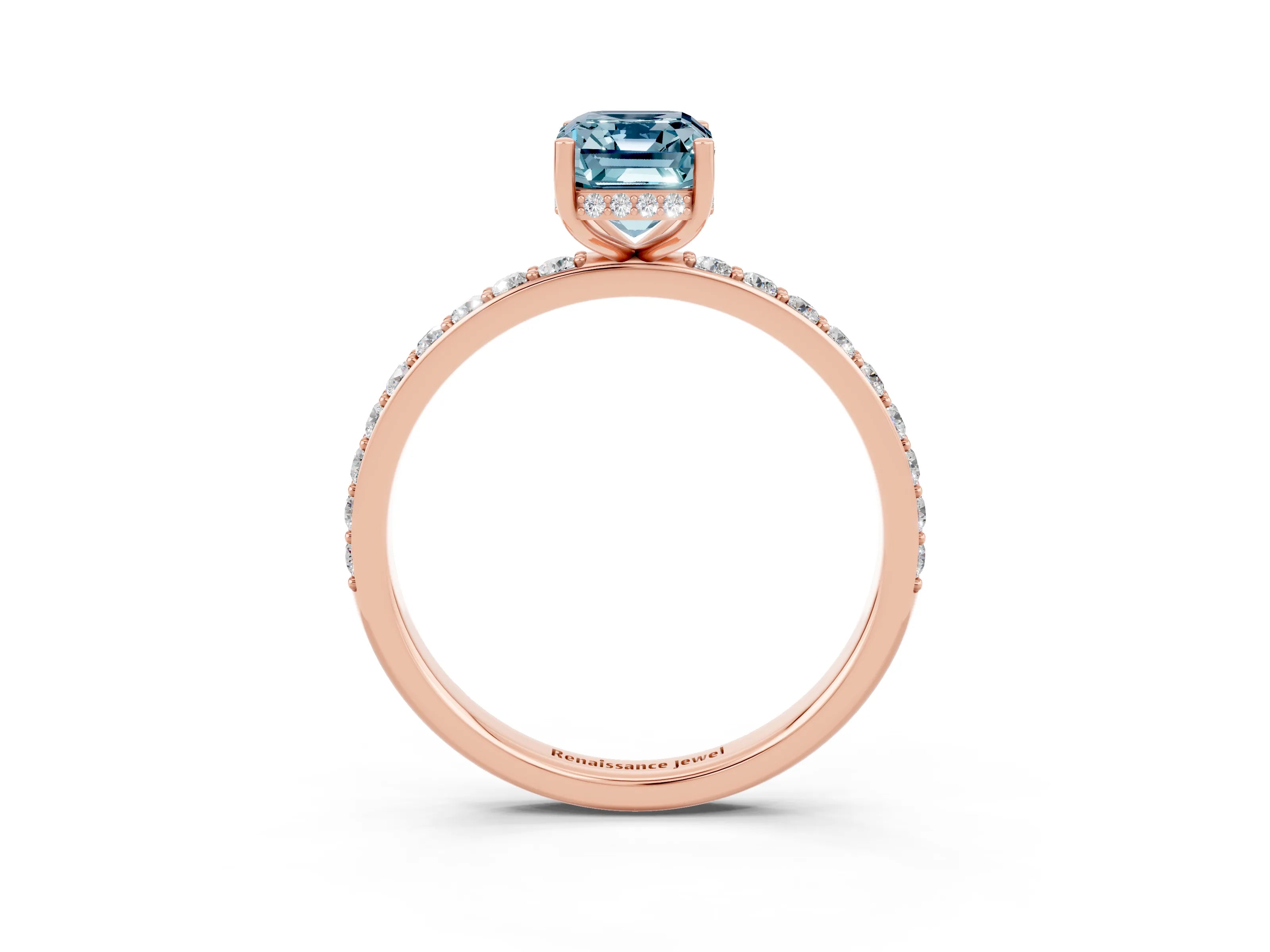 Rose gold Emerald Cut Aquamarine Solitaire Ring with Pavé Band and Hidden Halo_15