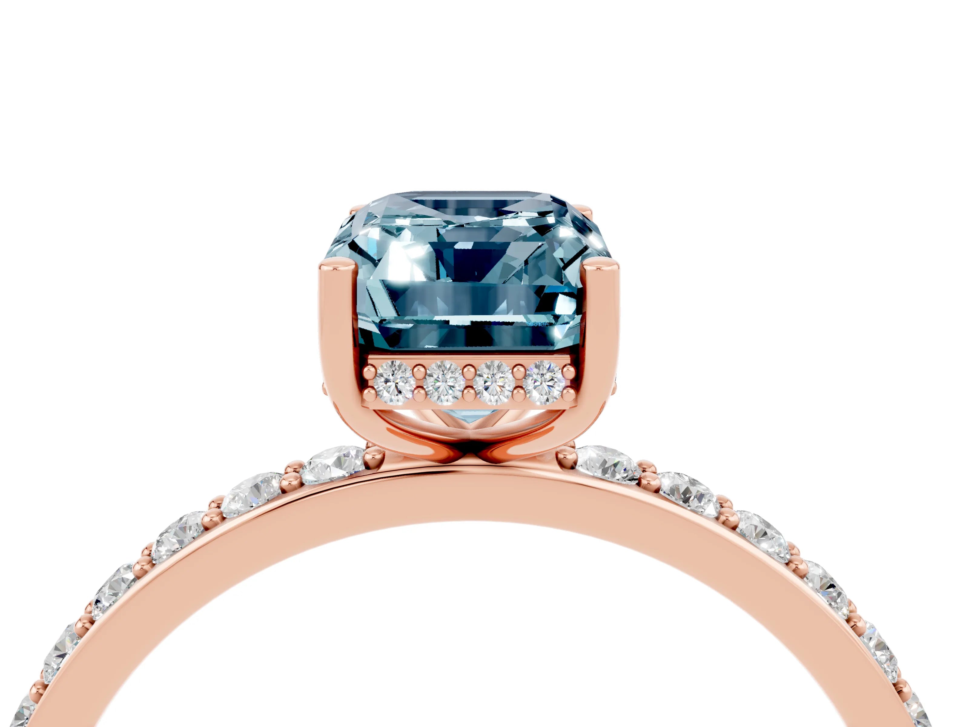 Rose gold Emerald Cut Aquamarine Solitaire Ring with Pavé Band and Hidden Halo_16
