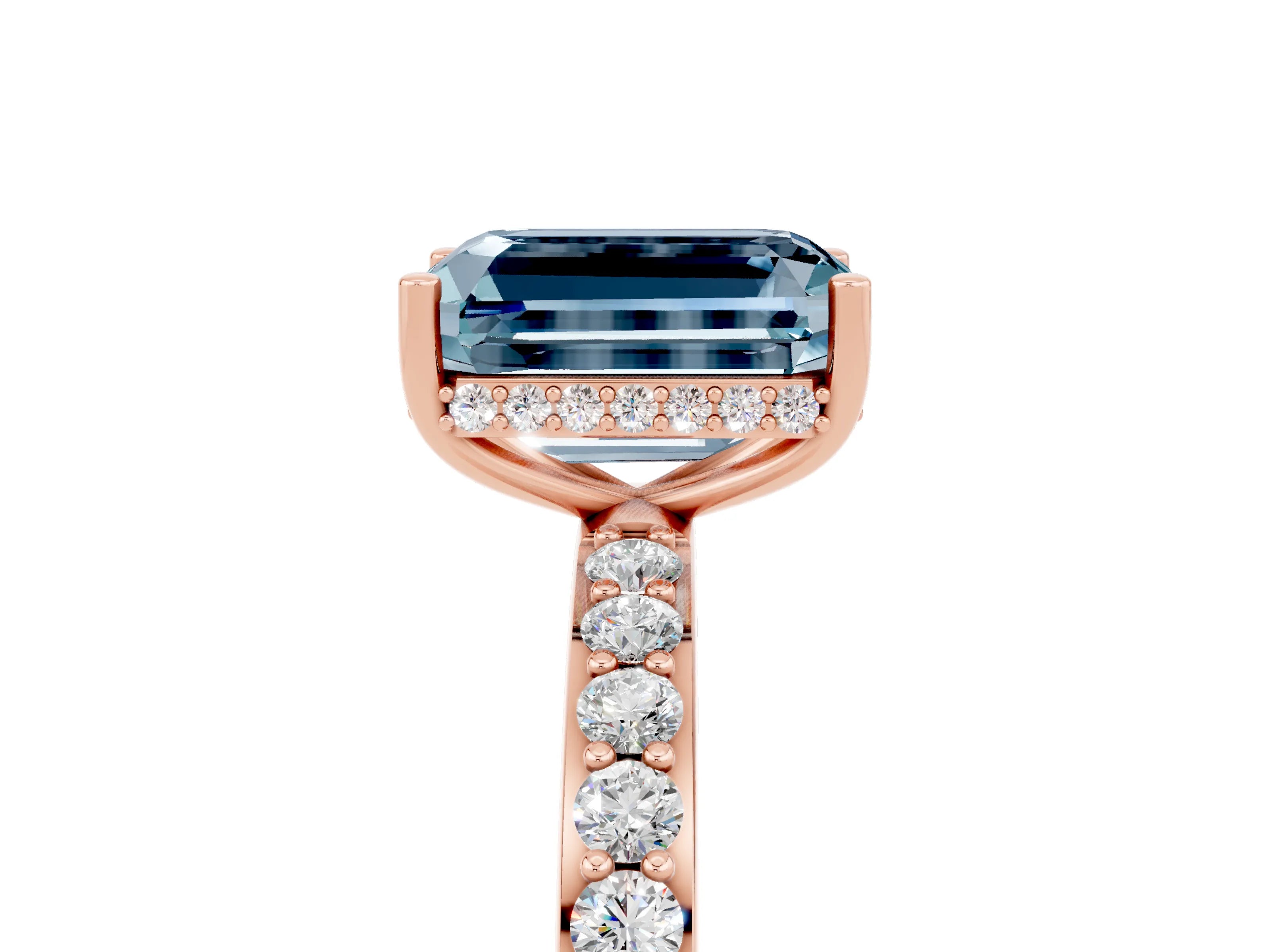 Rose gold Emerald Cut Aquamarine Solitaire Ring with Pavé Band and Hidden Halo_17