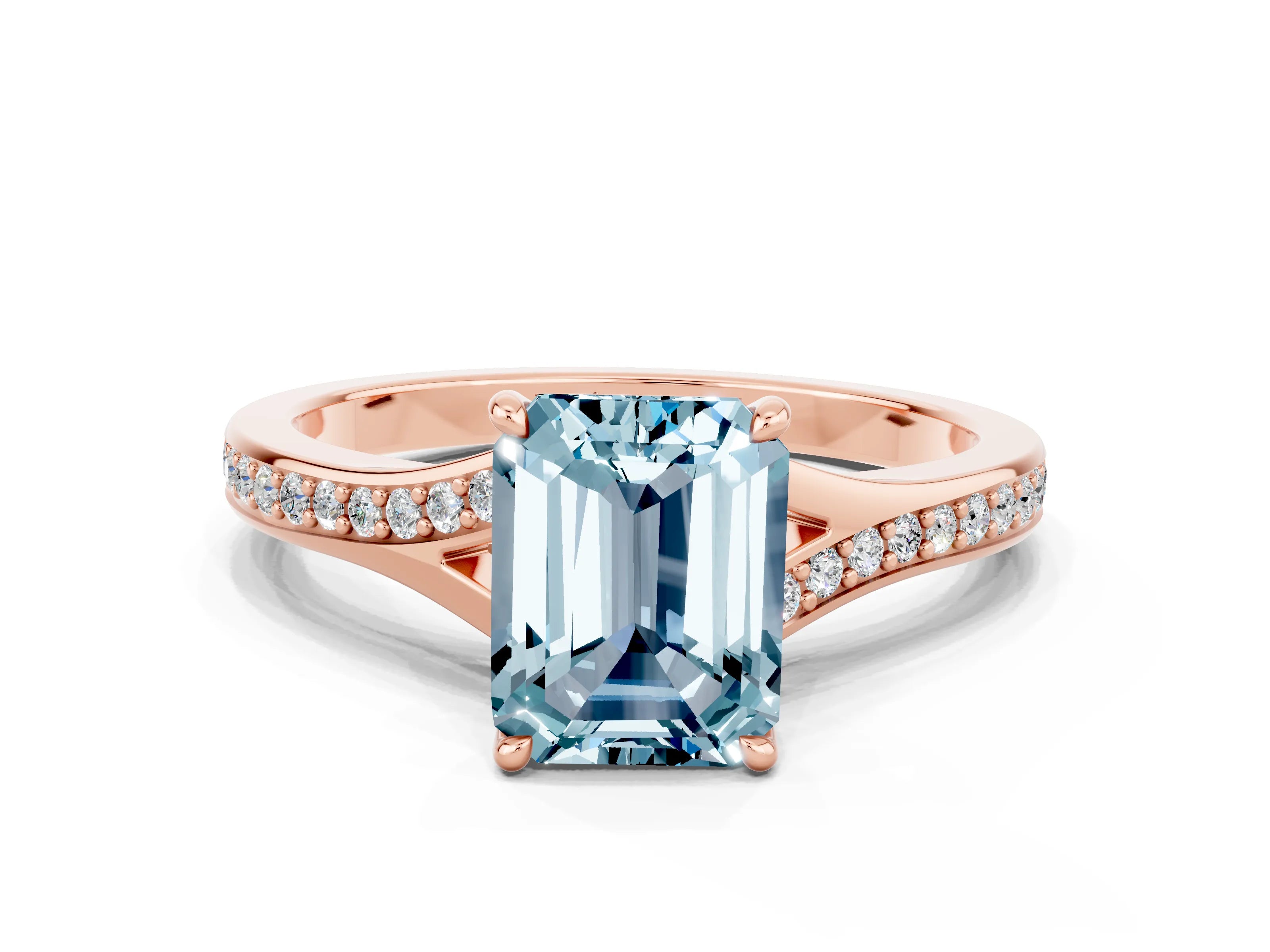 Rose gold Emerald Cut Aquamarine Solitaire Ring with Pavé Band and Prong Setting