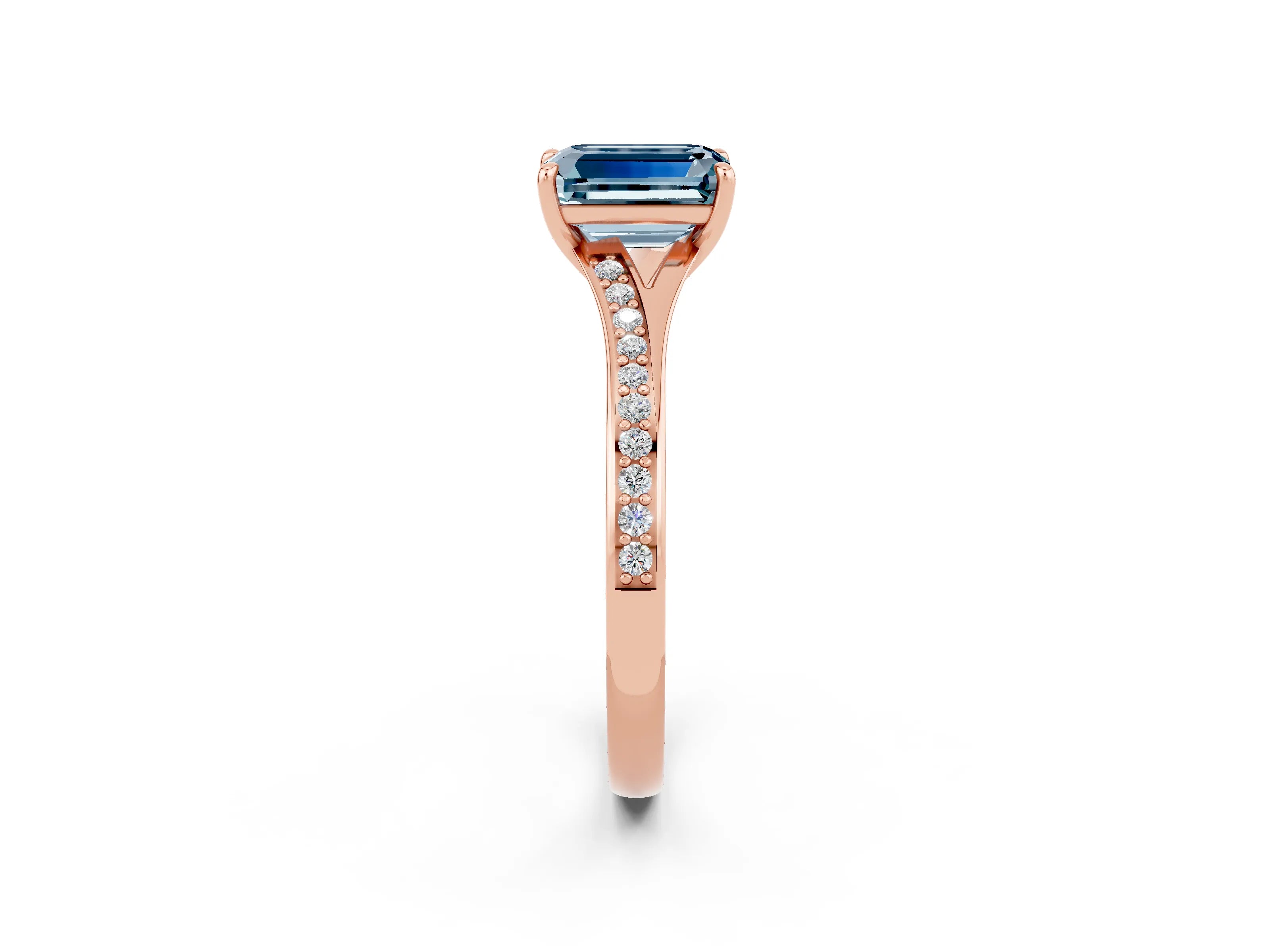 Rose gold Emerald Cut Aquamarine Solitaire Ring with Pavé Band and Prong Setting_2