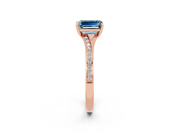 Rose gold Emerald Cut Aquamarine Solitaire Ring with Pavé Band and Prong Setting