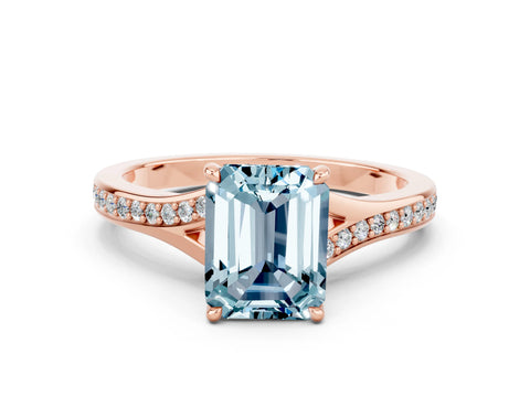 Rose gold Emerald Cut Aquamarine Solitaire Ring with Pavé Band and Prong Setting_24