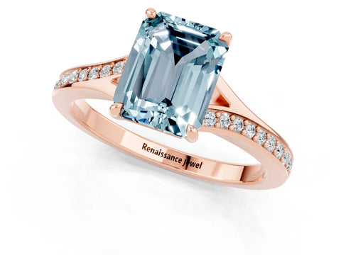 Rose gold Emerald Cut Aquamarine Solitaire Ring with Pavé Band and Prong Setting_25